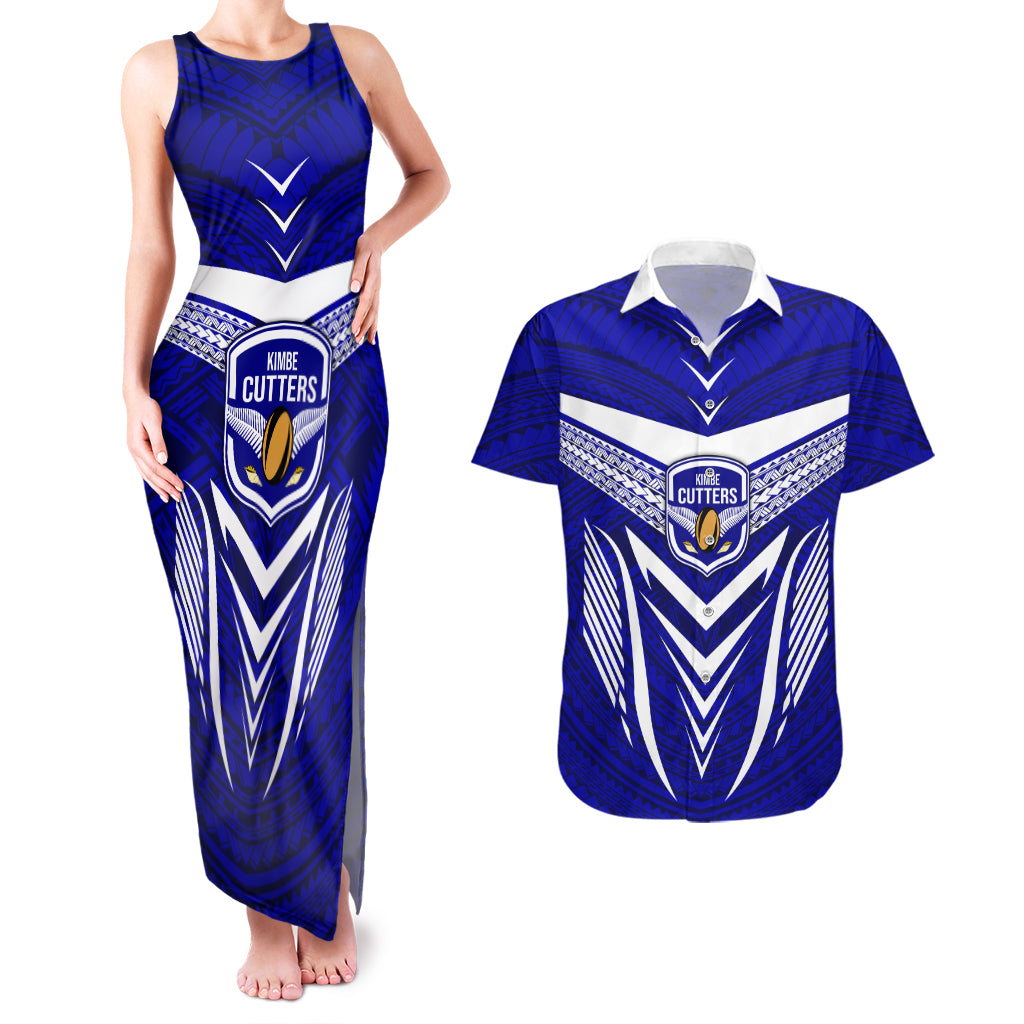 Custom Kimbe Cutters Rugby Couples Matching Tank Maxi Dress and Hawaiian Shirt Papua New Guinea Polynesian Tattoo Blue Version LT03 Blue - Polynesian Pride