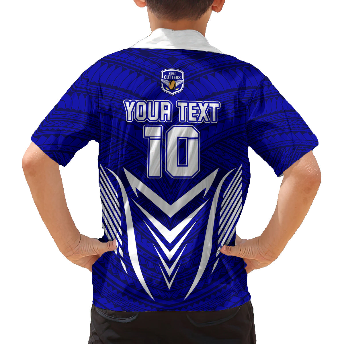 Custom Kimbe Cutters Rugby Family Matching Off Shoulder Long Sleeve Dress and Hawaiian Shirt Papua New Guinea Polynesian Tattoo Blue Version LT03 - Polynesian Pride