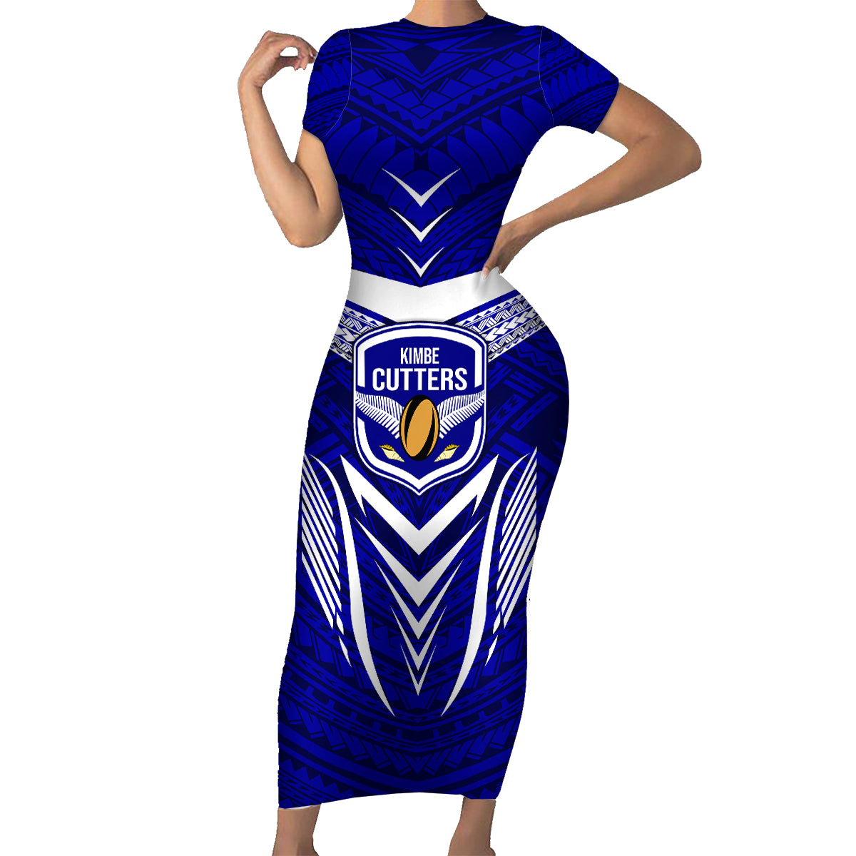 Custom Kimbe Cutters Rugby Family Matching Short Sleeve Bodycon Dress and Hawaiian Shirt Papua New Guinea Polynesian Tattoo Blue Version LT03 Mom's Dress Blue - Polynesian Pride