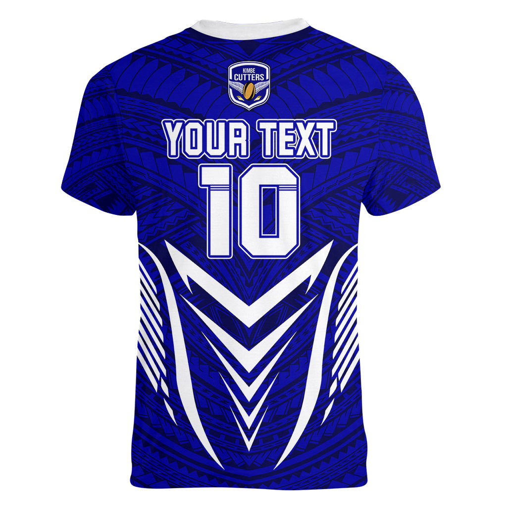 Custom Kimbe Cutters Rugby Women V Neck T Shirt Papua New Guinea Polynesian Tattoo Blue Version LT03 - Polynesian Pride