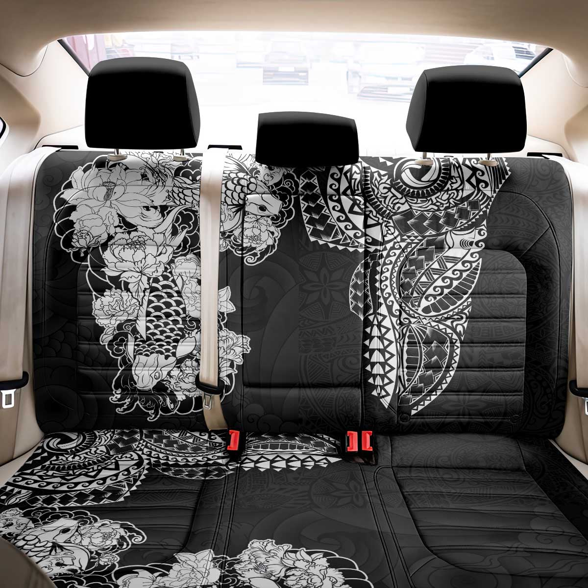 Japanese Irezumi and Hawaiian Polynesian Art Tattoo Back Car Seat Cover Black Color - Polynesian Pride
