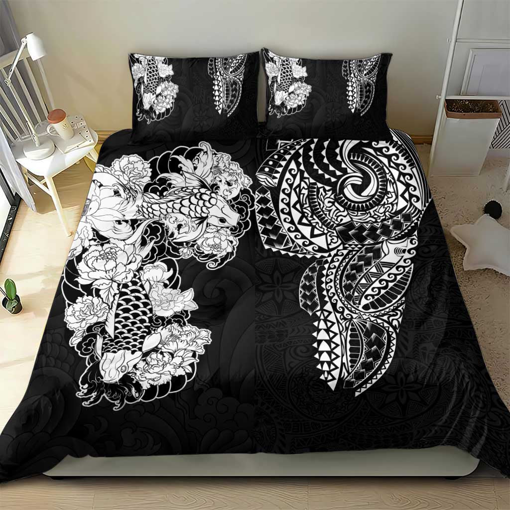 Japanese Irezumi and Hawaiian Polynesian Art Tattoo Bedding Set Black Color - Polynesian Pride