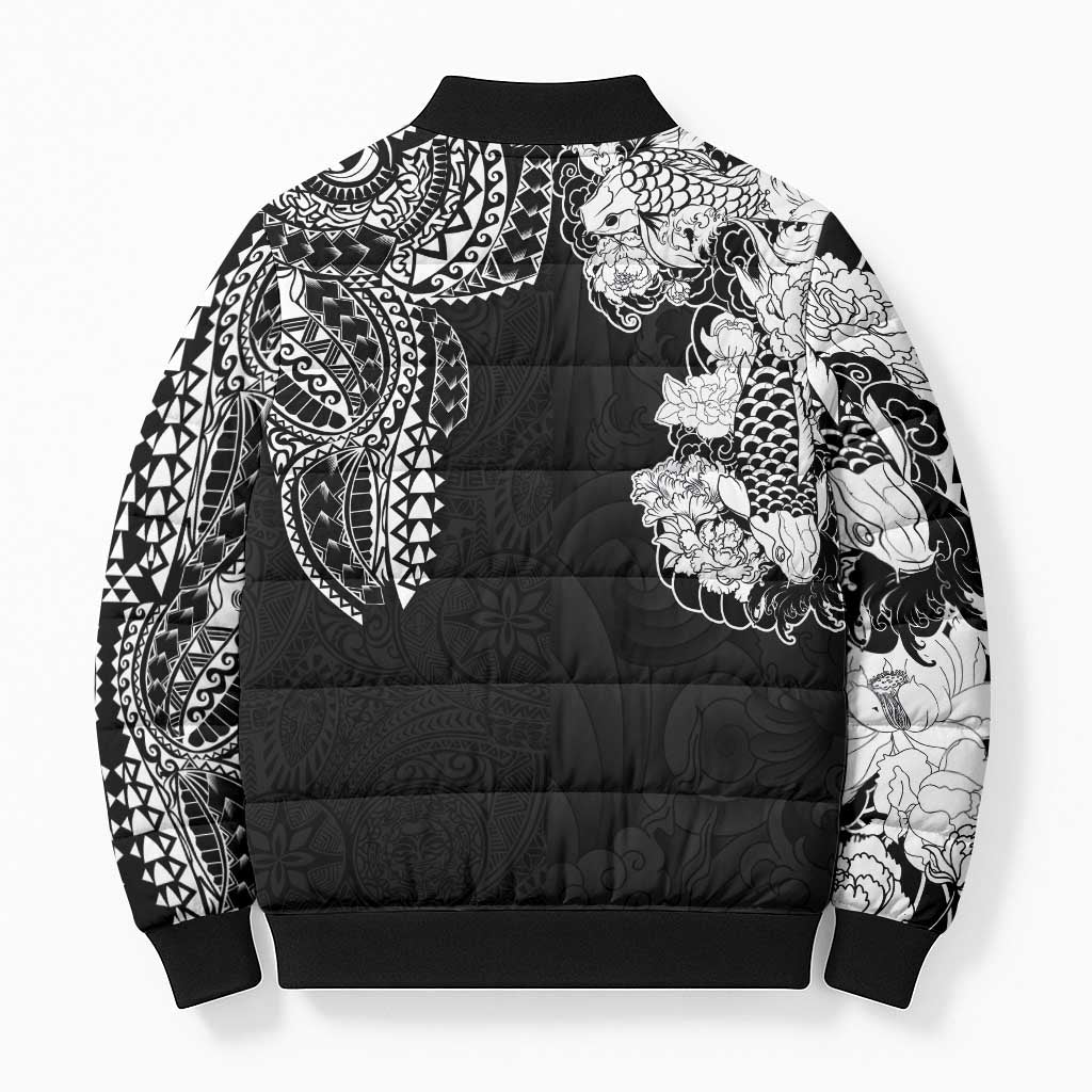 Japanese Irezumi and Hawaiian Polynesian Art Tattoo Bomber Puffer Jacket Black Color - Polynesian Pride