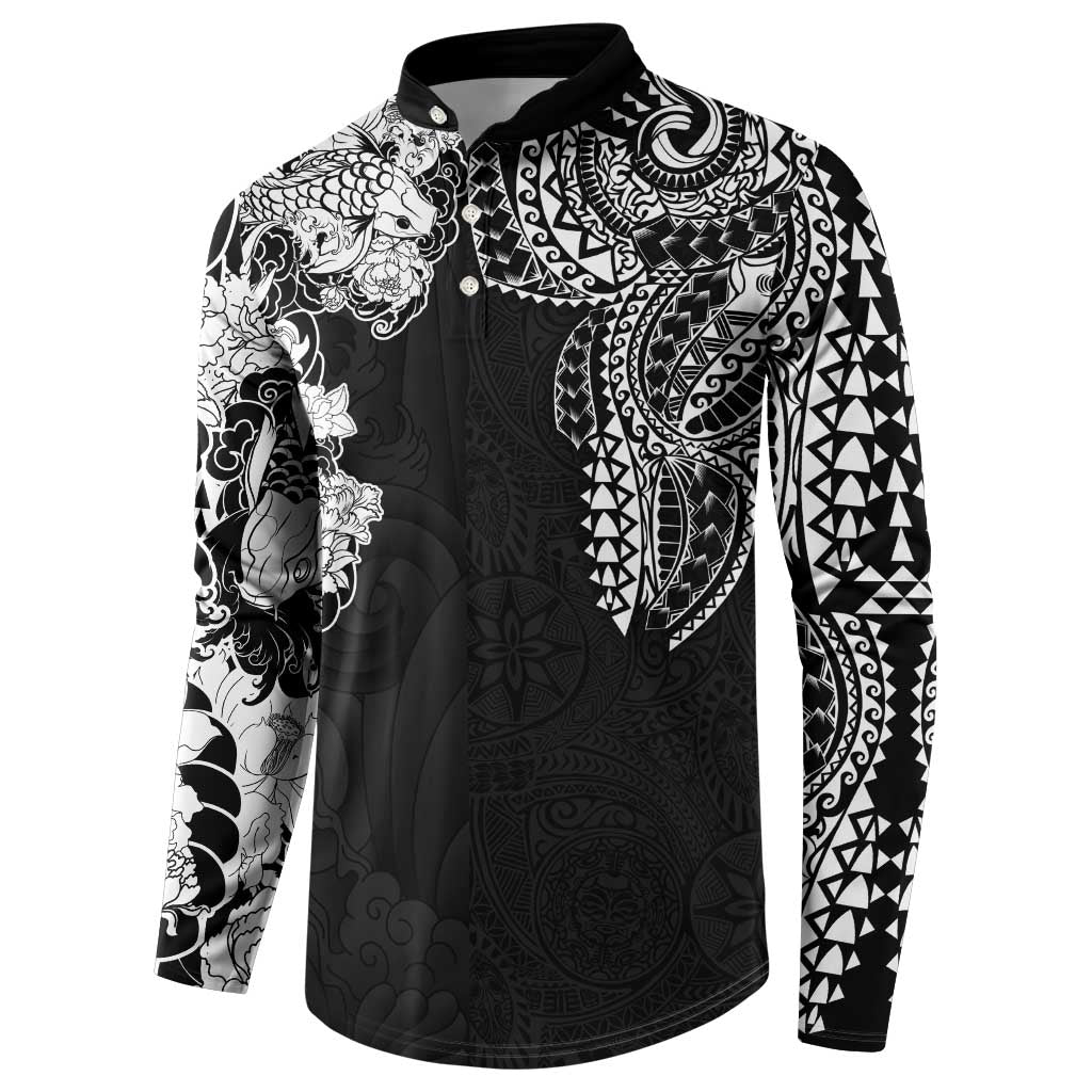 Japanese Irezumi and Hawaiian Polynesian Art Tattoo Button Sweatshirt Black Color - Polynesian Pride