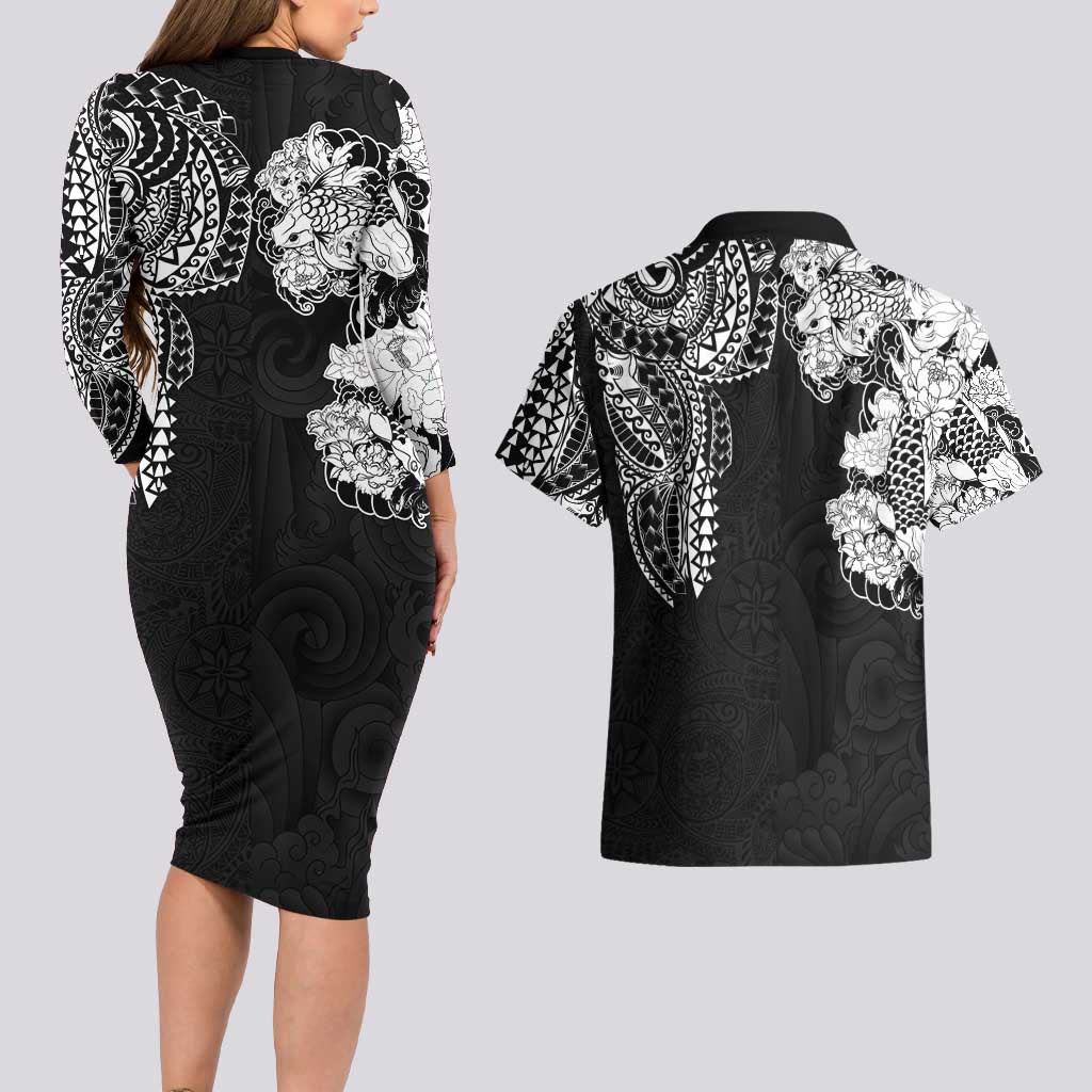 Japanese Irezumi and Hawaiian Polynesian Art Tattoo Couples Matching Long Sleeve Bodycon Dress and Hawaiian Shirt Black Color - Polynesian Pride