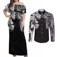 Japanese Irezumi and Hawaiian Polynesian Art Tattoo Couples Matching Off Shoulder Maxi Dress and Long Sleeve Button Shirt Black Color - Polynesian Pride