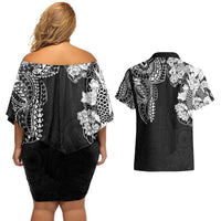Japanese Irezumi and Hawaiian Polynesian Art Tattoo Couples Matching Off Shoulder Short Dress and Hawaiian Shirt Black Color - Polynesian Pride