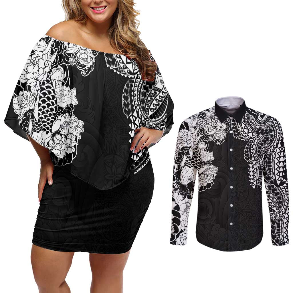 Japanese Irezumi and Hawaiian Polynesian Art Tattoo Couples Matching Off Shoulder Short Dress and Long Sleeve Button Shirt Black Color - Polynesian Pride