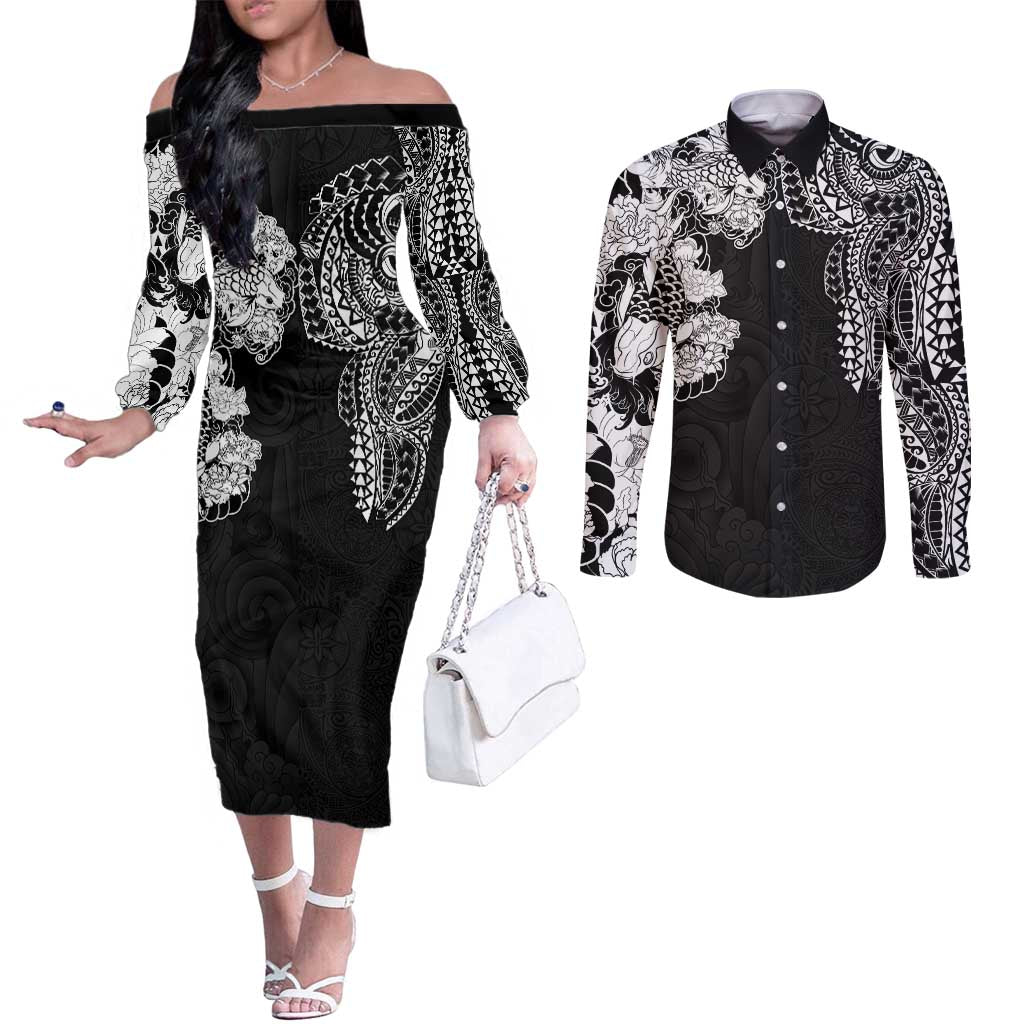 Japanese Irezumi and Hawaiian Polynesian Art Tattoo Couples Matching Off The Shoulder Long Sleeve Dress and Long Sleeve Button Shirt Black Color - Polynesian Pride