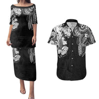 Japanese Irezumi and Hawaiian Polynesian Art Tattoo Couples Matching Puletasi and Hawaiian Shirt Black Color - Polynesian Pride