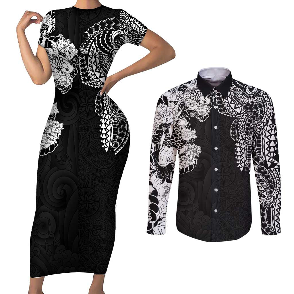 Japanese Irezumi and Hawaiian Polynesian Art Tattoo Couples Matching Short Sleeve Bodycon Dress and Long Sleeve Button Shirt Black Color - Polynesian Pride