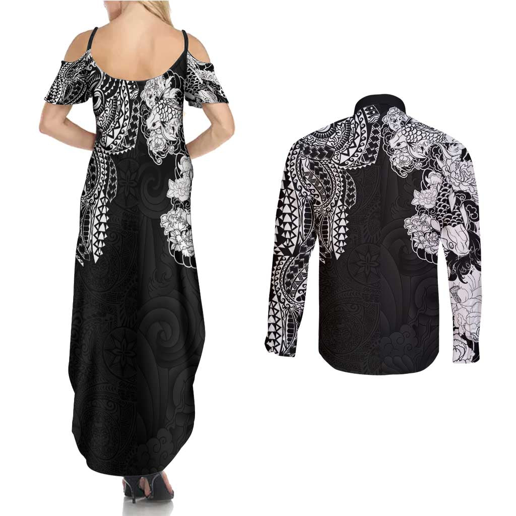 Japanese Irezumi and Hawaiian Polynesian Art Tattoo Couples Matching Summer Maxi Dress and Long Sleeve Button Shirt Black Color - Polynesian Pride
