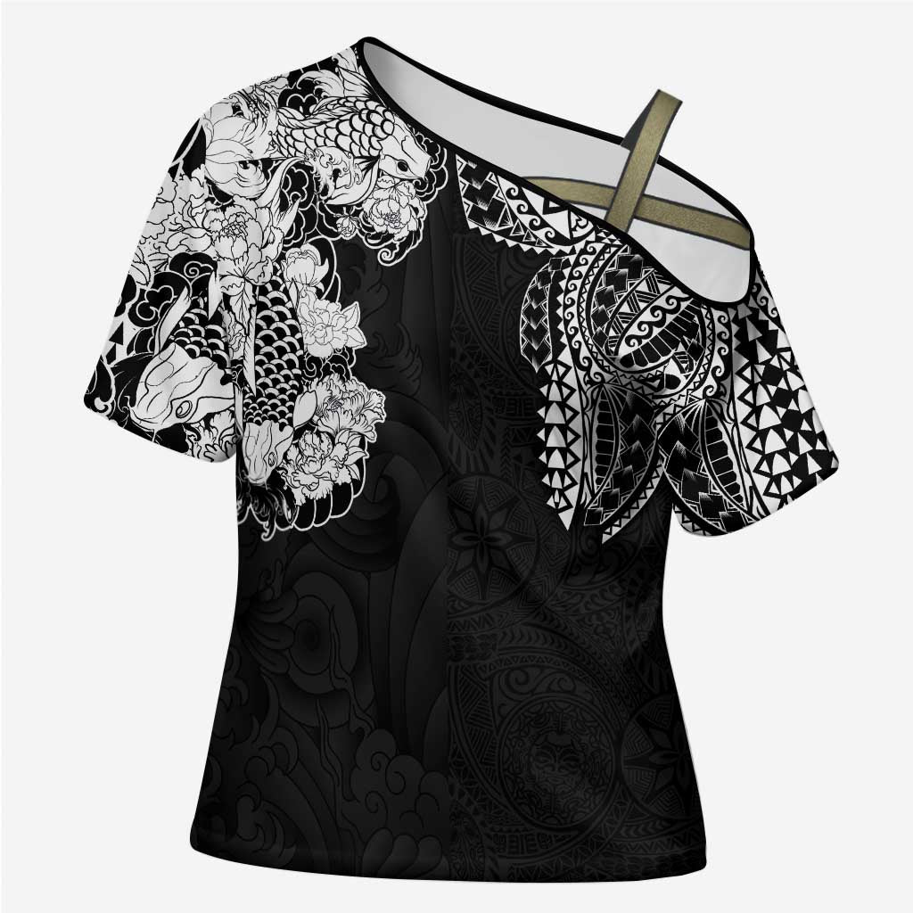Japanese Irezumi and Hawaiian Polynesian Art Tattoo Cross Shoulder Shirt Black Color - Polynesian Pride