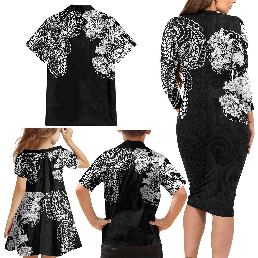 Japanese Irezumi and Hawaiian Polynesian Art Tattoo Family Matching Long Sleeve Bodycon Dress and Hawaiian Shirt Black Color - Polynesian Pride