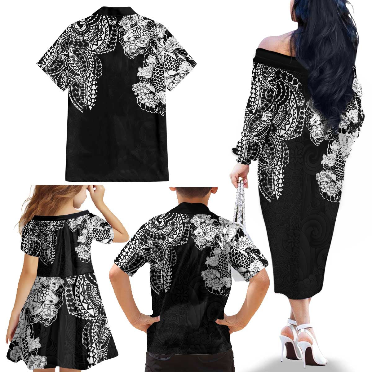 Japanese Irezumi and Hawaiian Polynesian Art Tattoo Family Matching Off The Shoulder Long Sleeve Dress and Hawaiian Shirt Black Color - Polynesian Pride