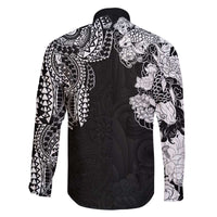 Japanese Irezumi and Hawaiian Polynesian Art Tattoo Family Matching Off The Shoulder Long Sleeve Dress and Hawaiian Shirt Black Color - Polynesian Pride