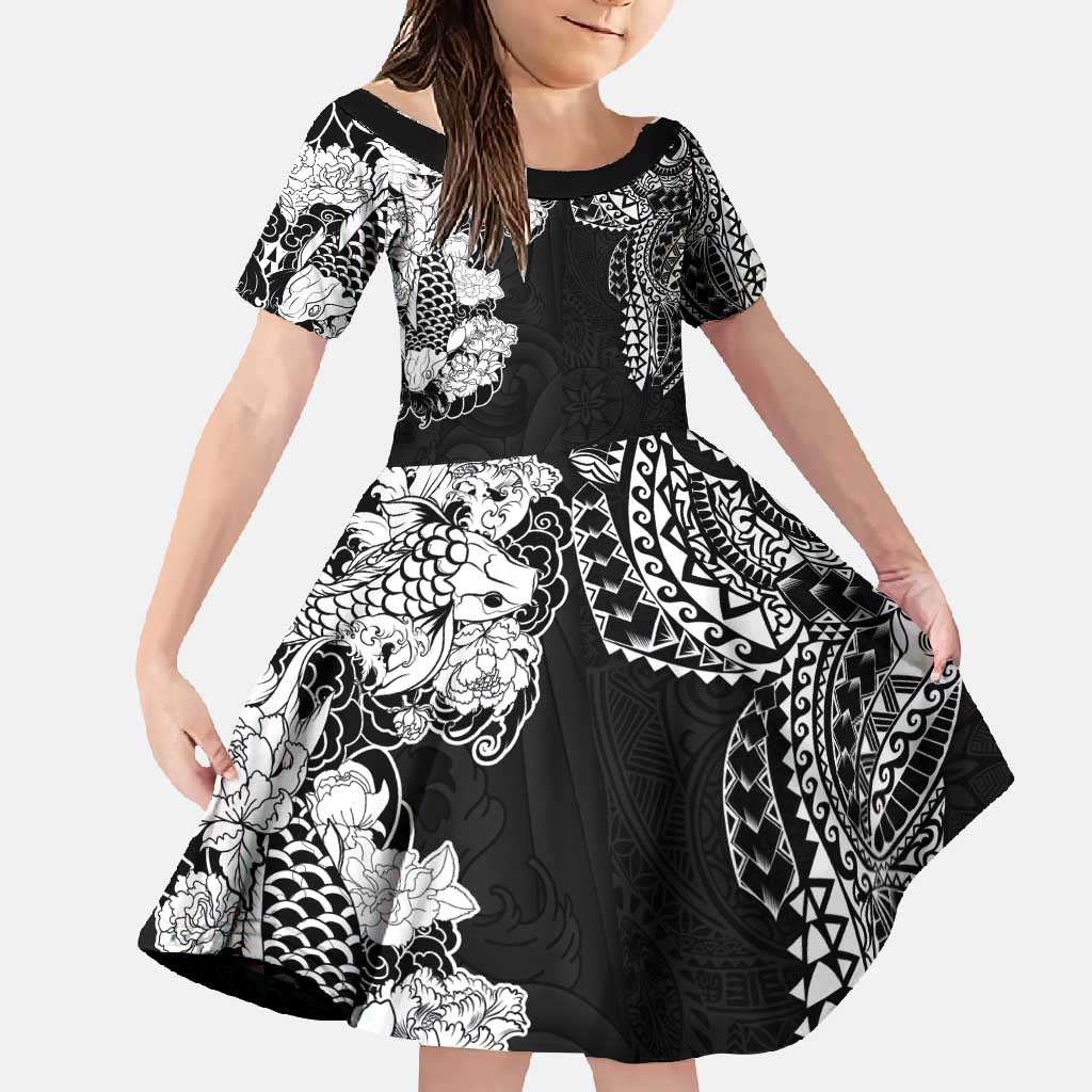 Japanese Irezumi and Hawaiian Polynesian Art Tattoo Family Matching Off Shoulder Maxi Dress and Hawaiian Shirt Black Color - Polynesian Pride