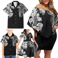 Japanese Irezumi and Hawaiian Polynesian Art Tattoo Family Matching Off Shoulder Short Dress and Hawaiian Shirt Black Color - Polynesian Pride