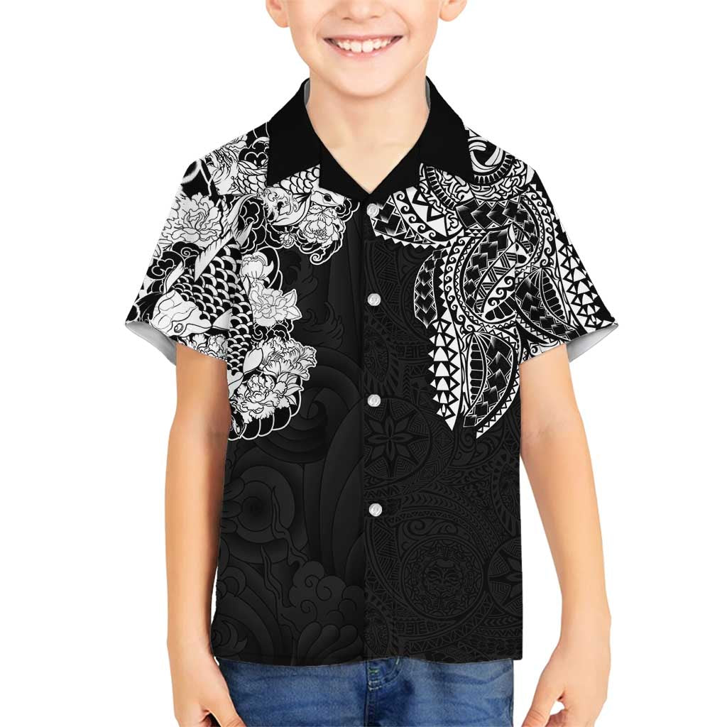Japanese Irezumi and Hawaiian Polynesian Art Tattoo Family Matching Off Shoulder Short Dress and Hawaiian Shirt Black Color - Polynesian Pride