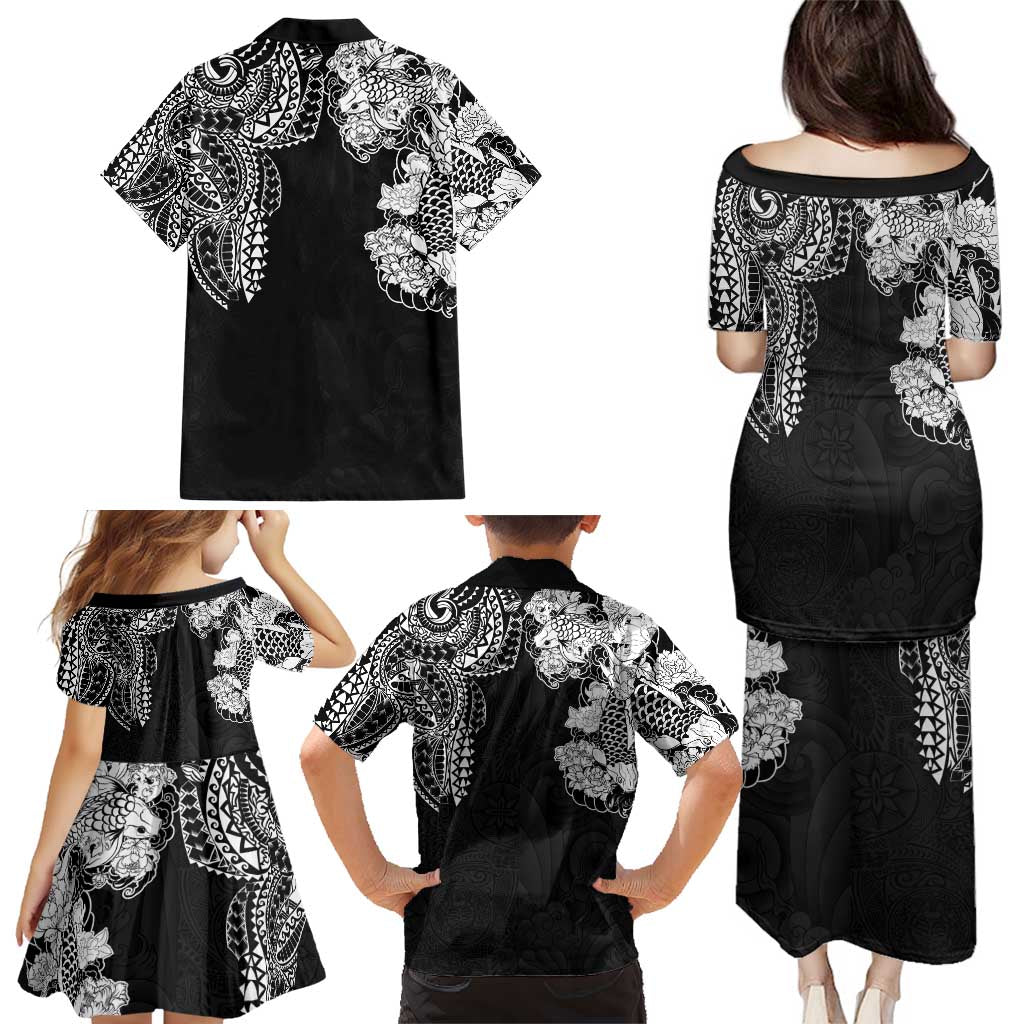 Japanese Irezumi and Hawaiian Polynesian Art Tattoo Family Matching Puletasi and Hawaiian Shirt Black Color - Polynesian Pride