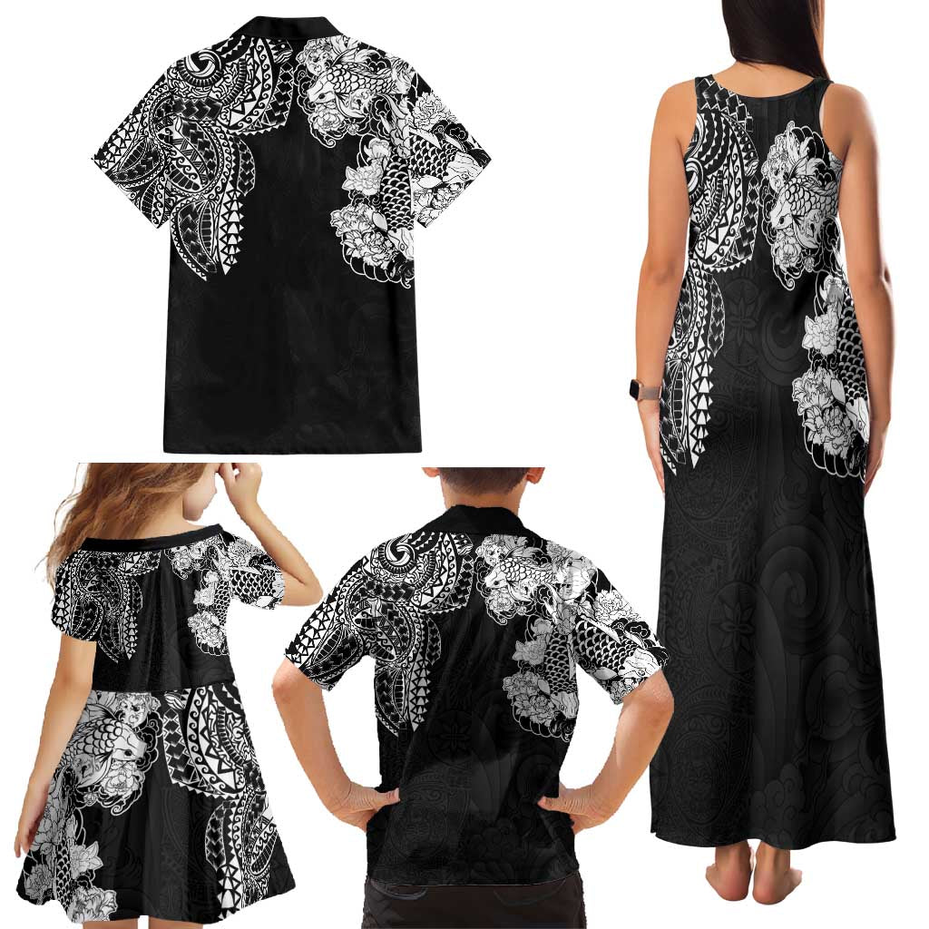 Japanese Irezumi and Hawaiian Polynesian Art Tattoo Family Matching Tank Maxi Dress and Hawaiian Shirt Black Color - Polynesian Pride