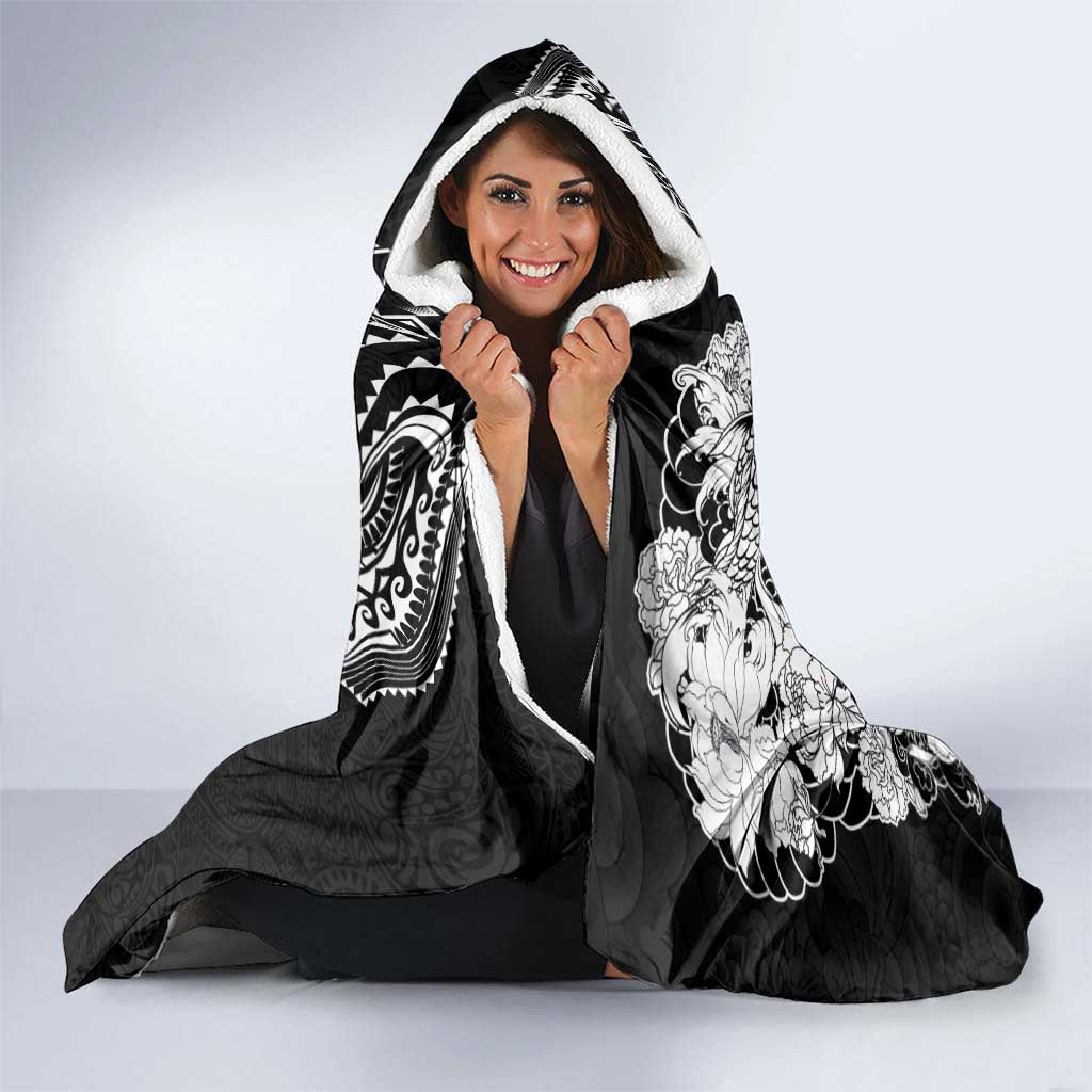 Japanese Irezumi and Hawaiian Polynesian Art Tattoo Hooded Blanket Black Color - Polynesian Pride