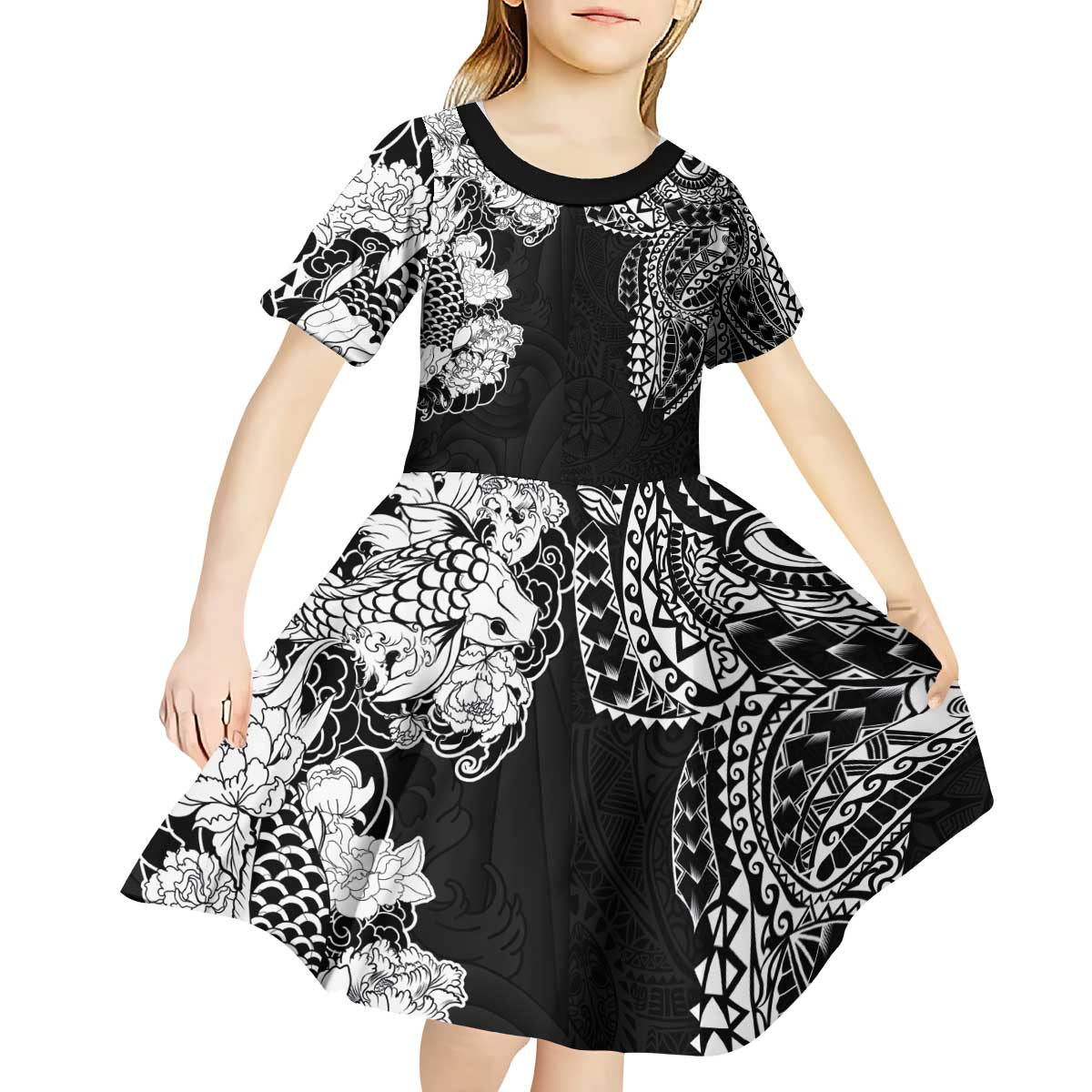 Japanese Irezumi and Hawaiian Polynesian Art Tattoo Kid Short Sleeve Dress Black Color - Polynesian Pride