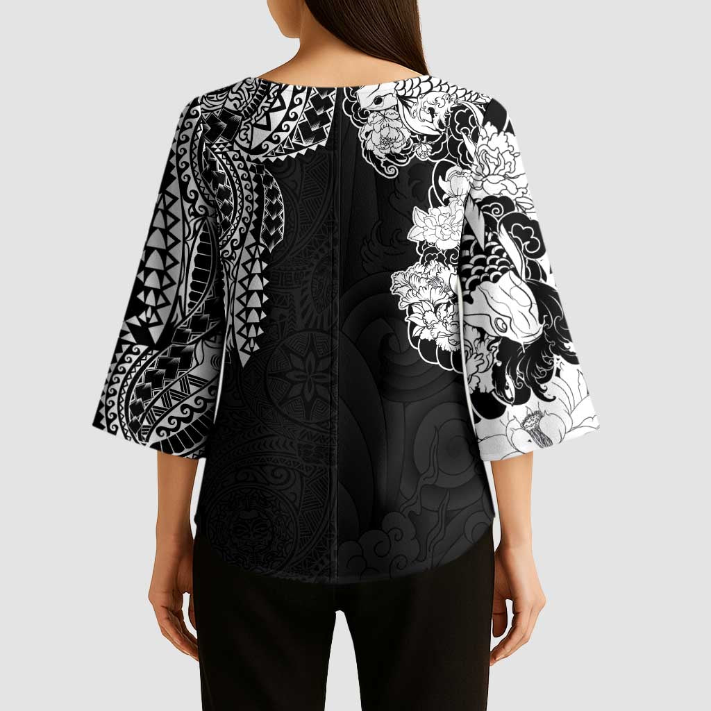 Japanese Irezumi and Hawaiian Polynesian Art Tattoo Kimono Sleeve Blouse Black Color - Polynesian Pride