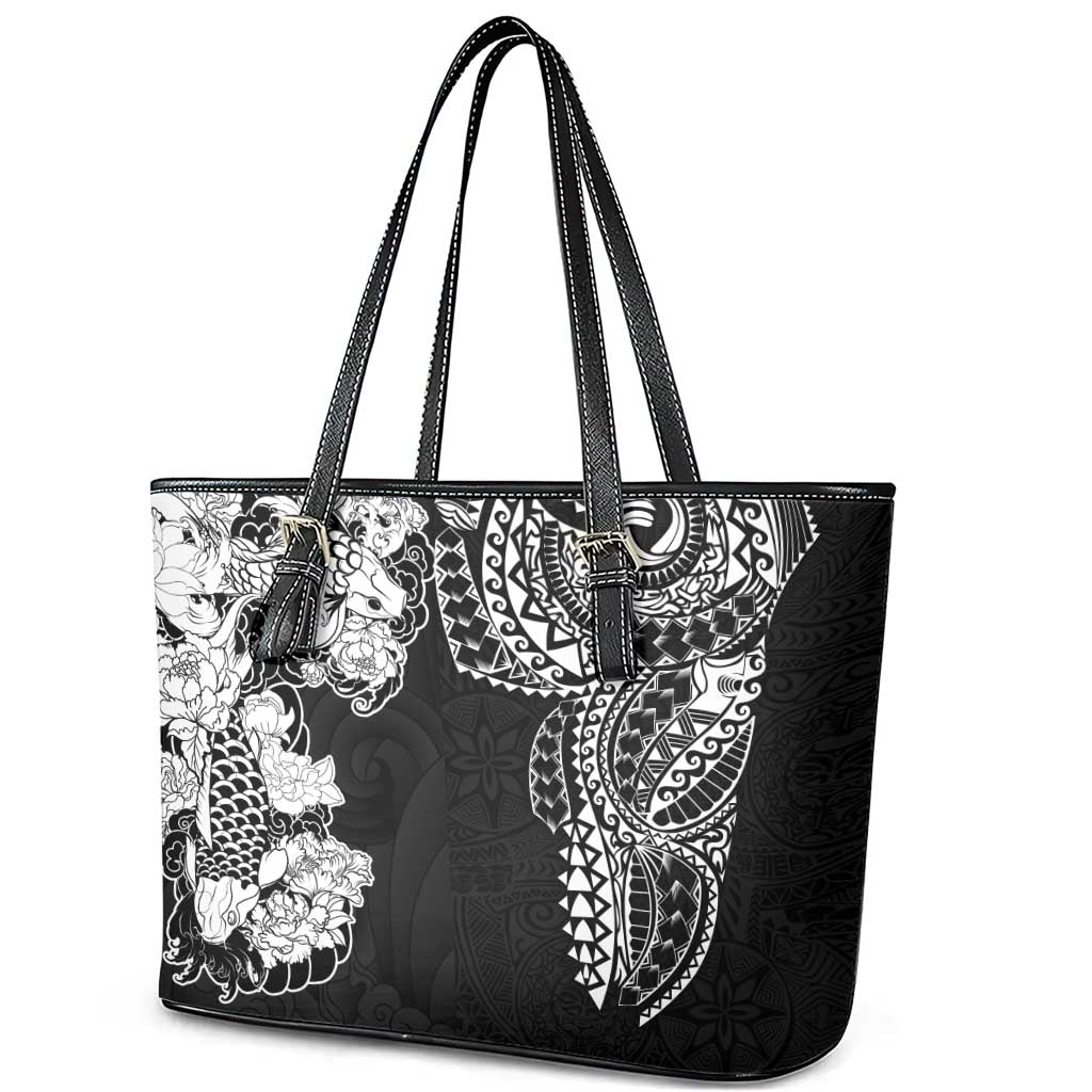 Japanese Irezumi and Hawaiian Polynesian Art Tattoo Leather Tote Bag Black Color - Polynesian Pride