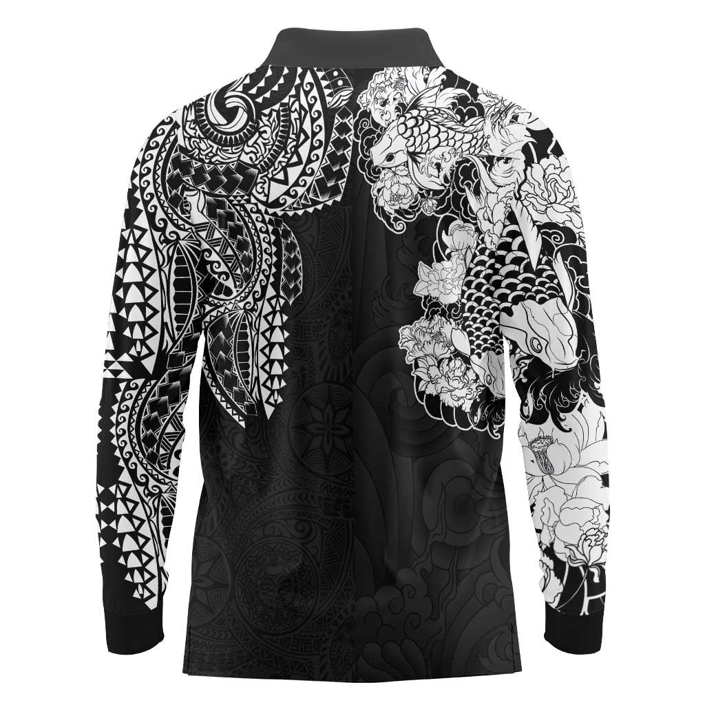 Japanese Irezumi and Hawaiian Polynesian Art Tattoo Long Sleeve Polo Shirt Black Color - Polynesian Pride
