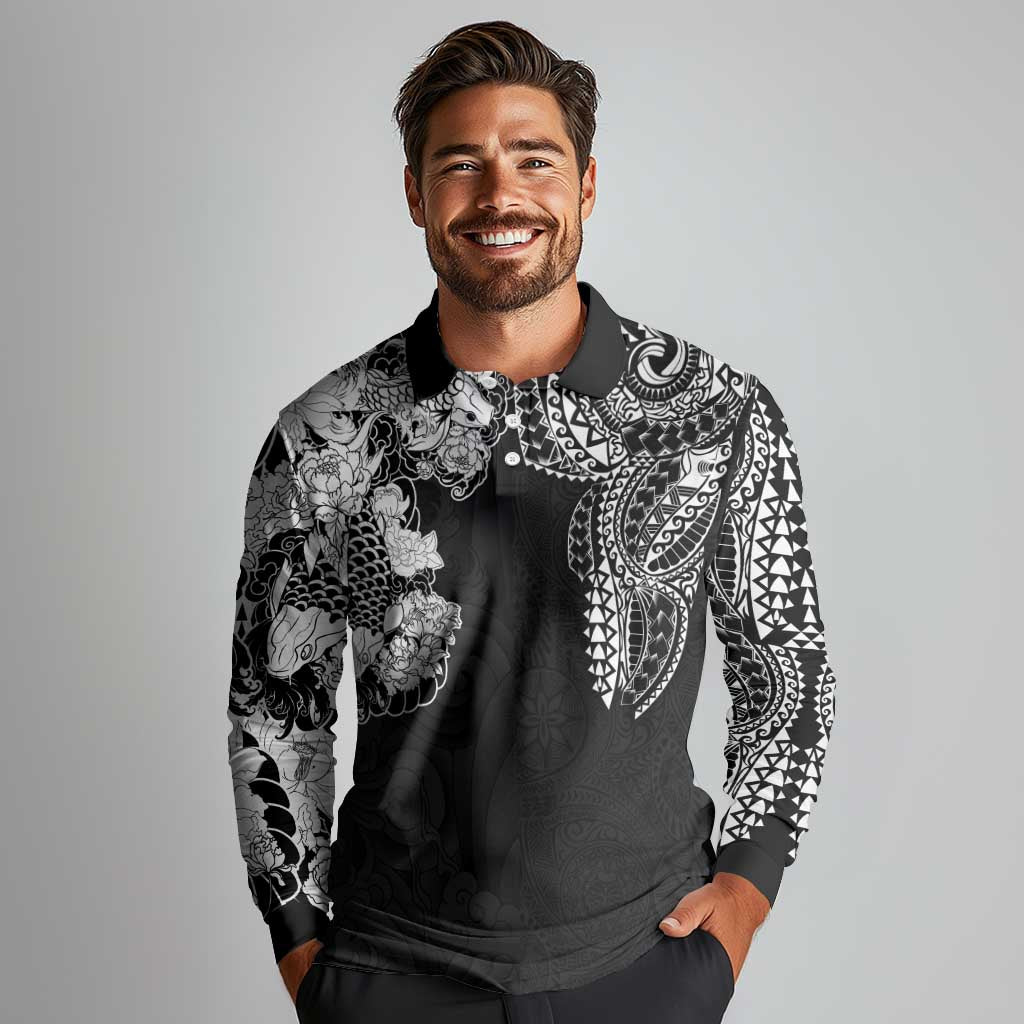 Japanese Irezumi and Hawaiian Polynesian Art Tattoo Long Sleeve Polo Shirt Black Color - Polynesian Pride