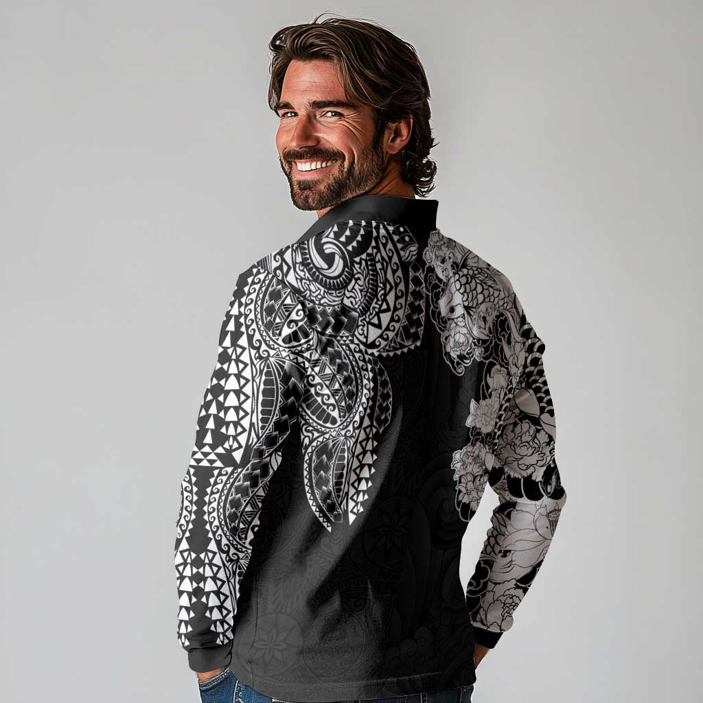 Japanese Irezumi and Hawaiian Polynesian Art Tattoo Long Sleeve Polo Shirt Black Color - Polynesian Pride