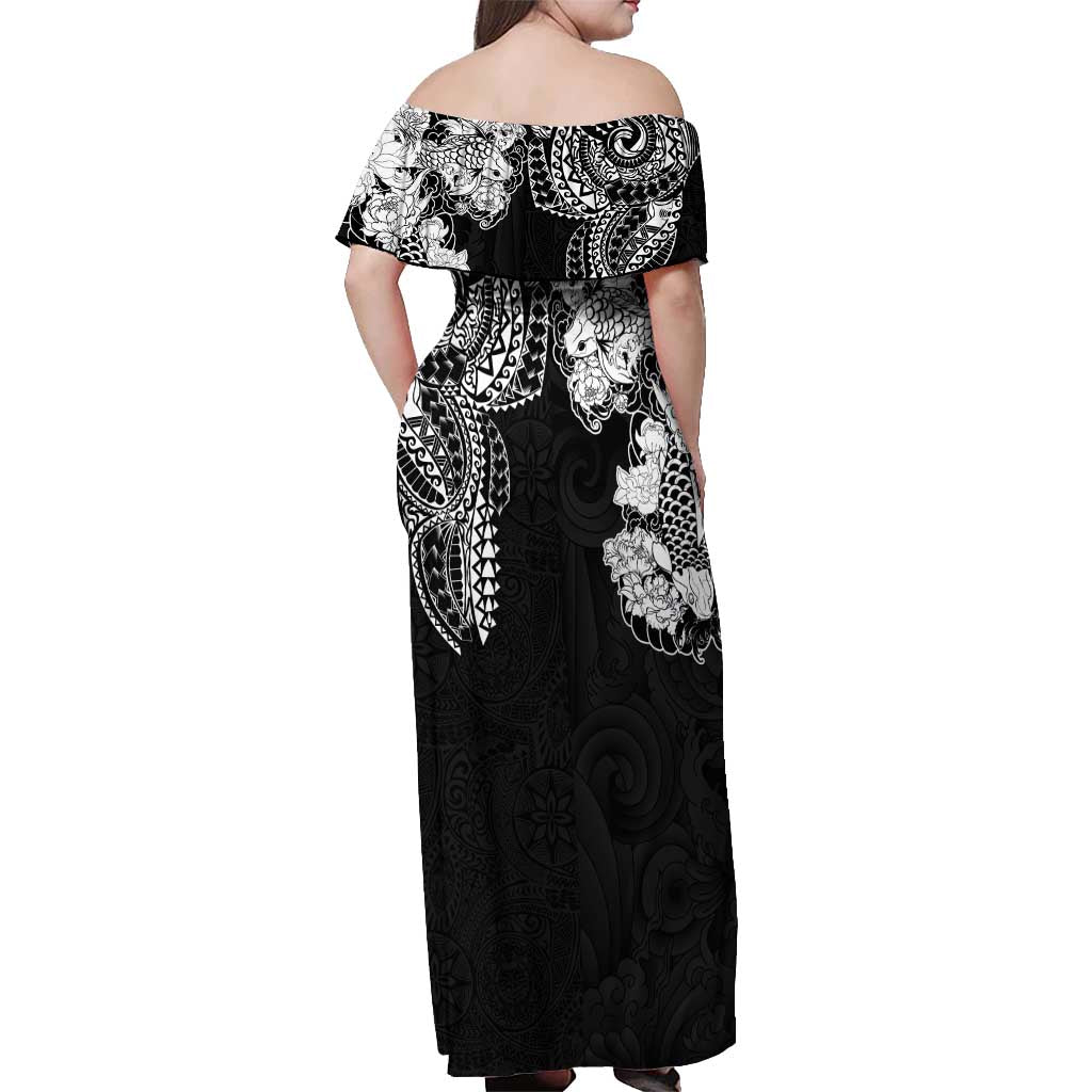 Japanese Irezumi and Hawaiian Polynesian Art Tattoo Off Shoulder Maxi Dress Black Color - Polynesian Pride