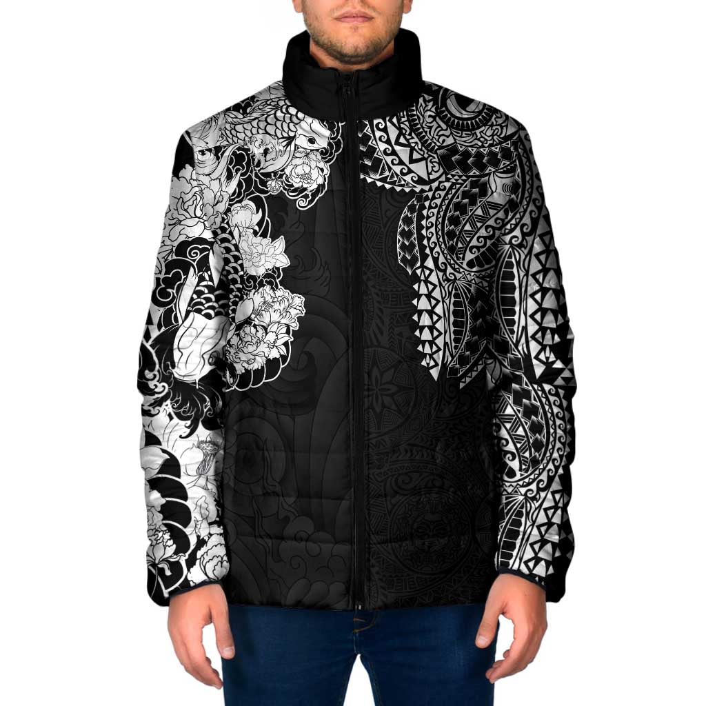 Japanese Irezumi and Hawaiian Polynesian Art Tattoo Padded Jacket Black Color - Polynesian Pride