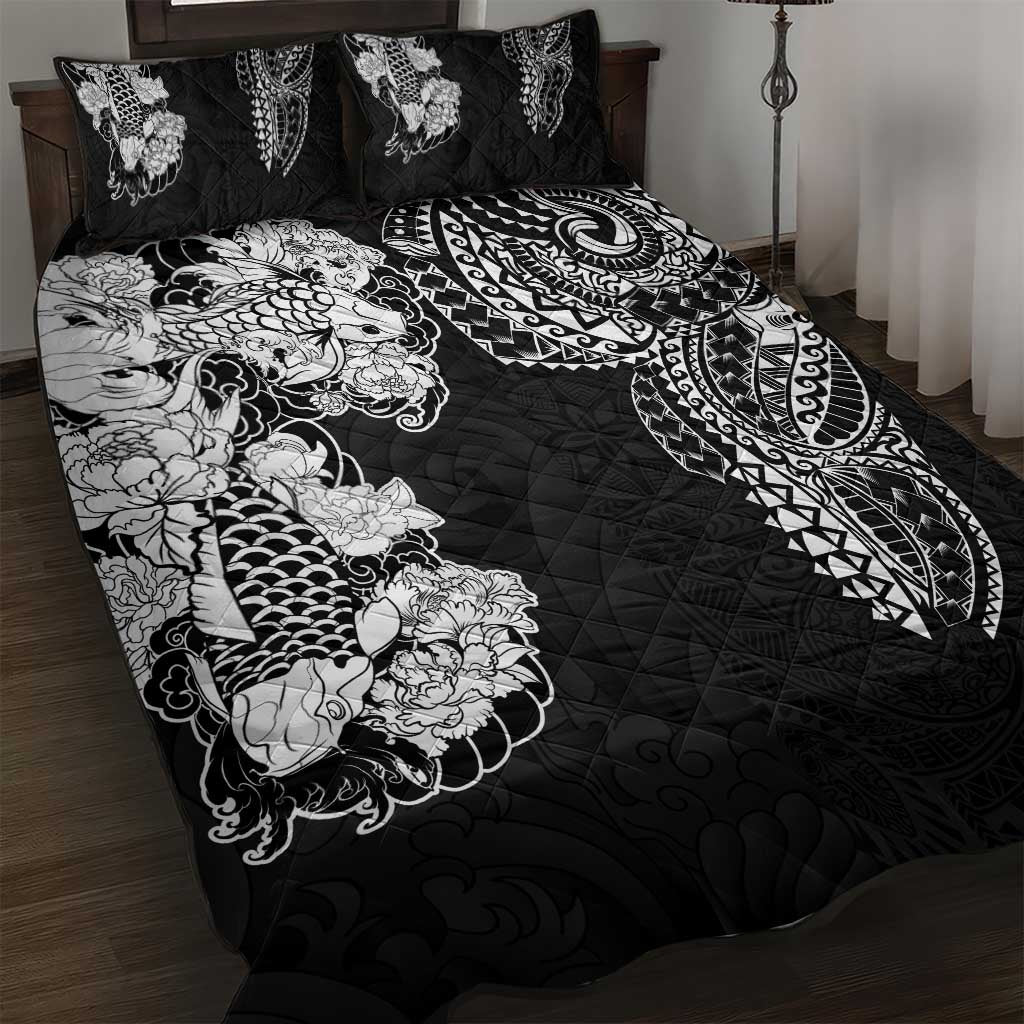 Japanese Irezumi and Hawaiian Polynesian Art Tattoo Quilt Bed Set Black Color - Polynesian Pride