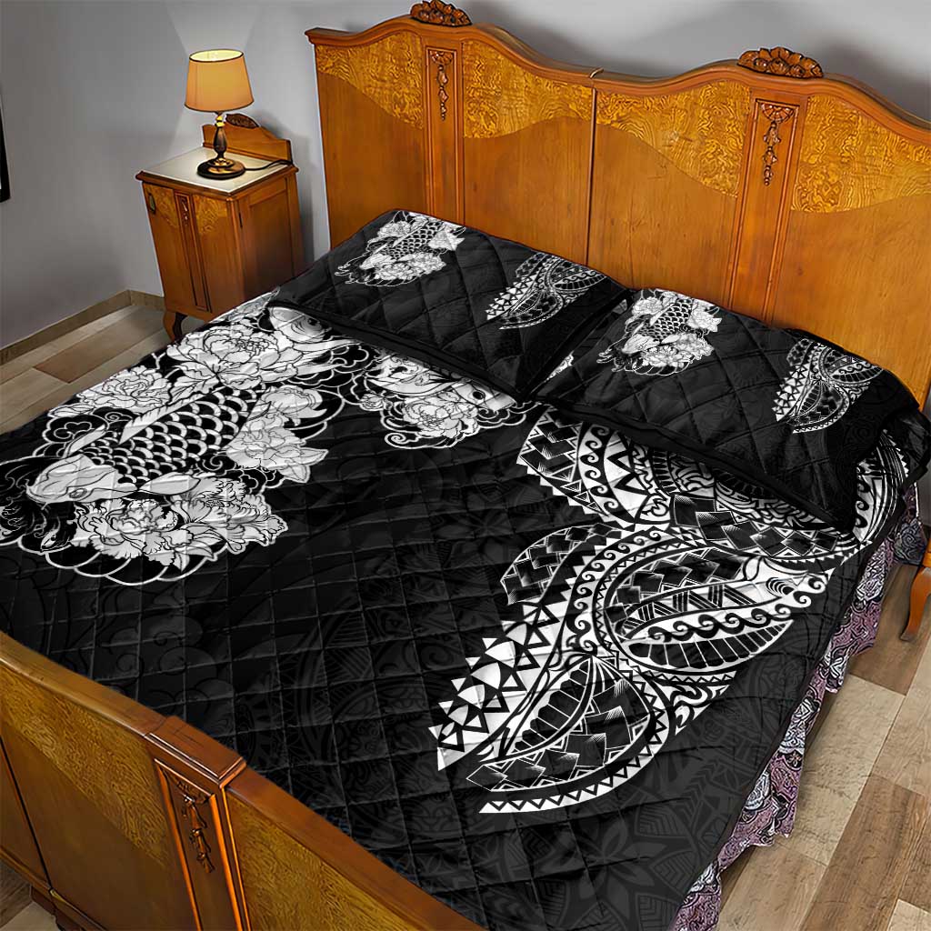 Japanese Irezumi and Hawaiian Polynesian Art Tattoo Quilt Bed Set Black Color - Polynesian Pride