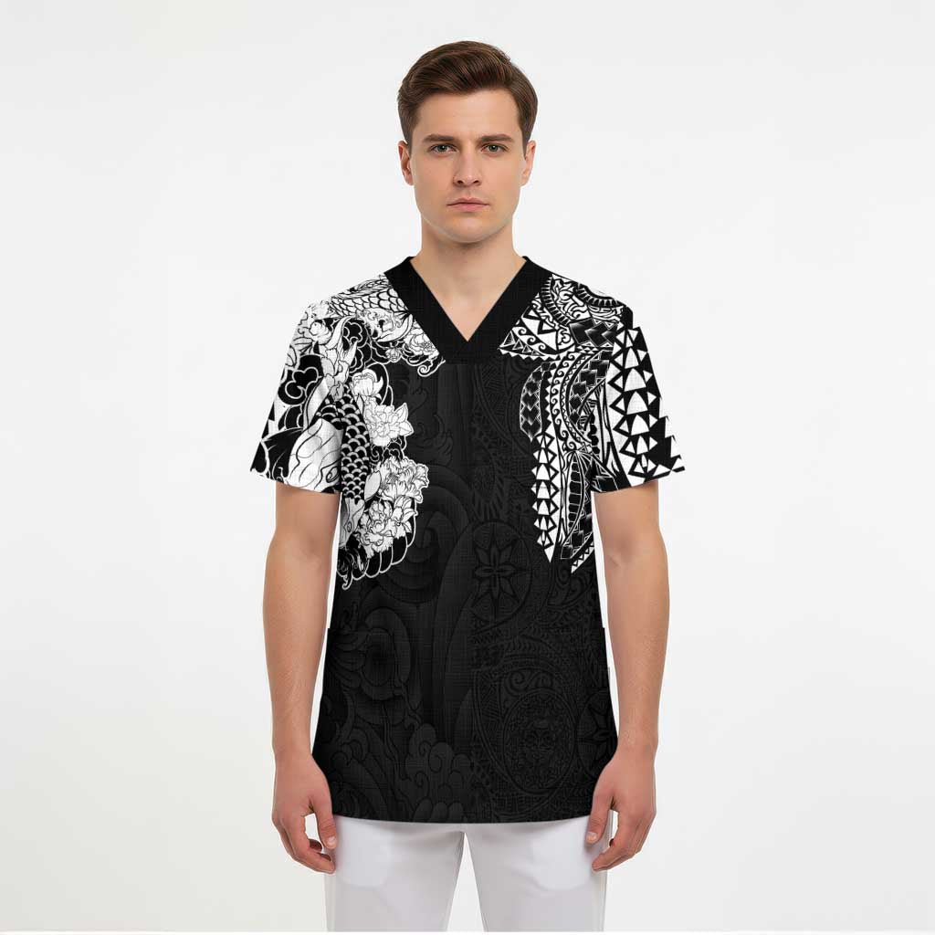Japanese Irezumi and Hawaiian Polynesian Art Tattoo Scrub Top Black Color - Polynesian Pride