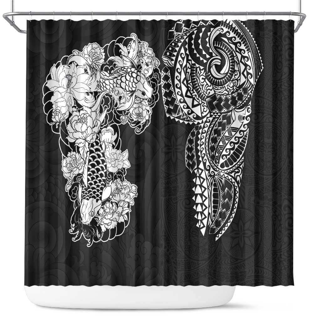 Japanese Irezumi and Hawaiian Polynesian Art Tattoo Shower Curtain Black Color - Polynesian Pride