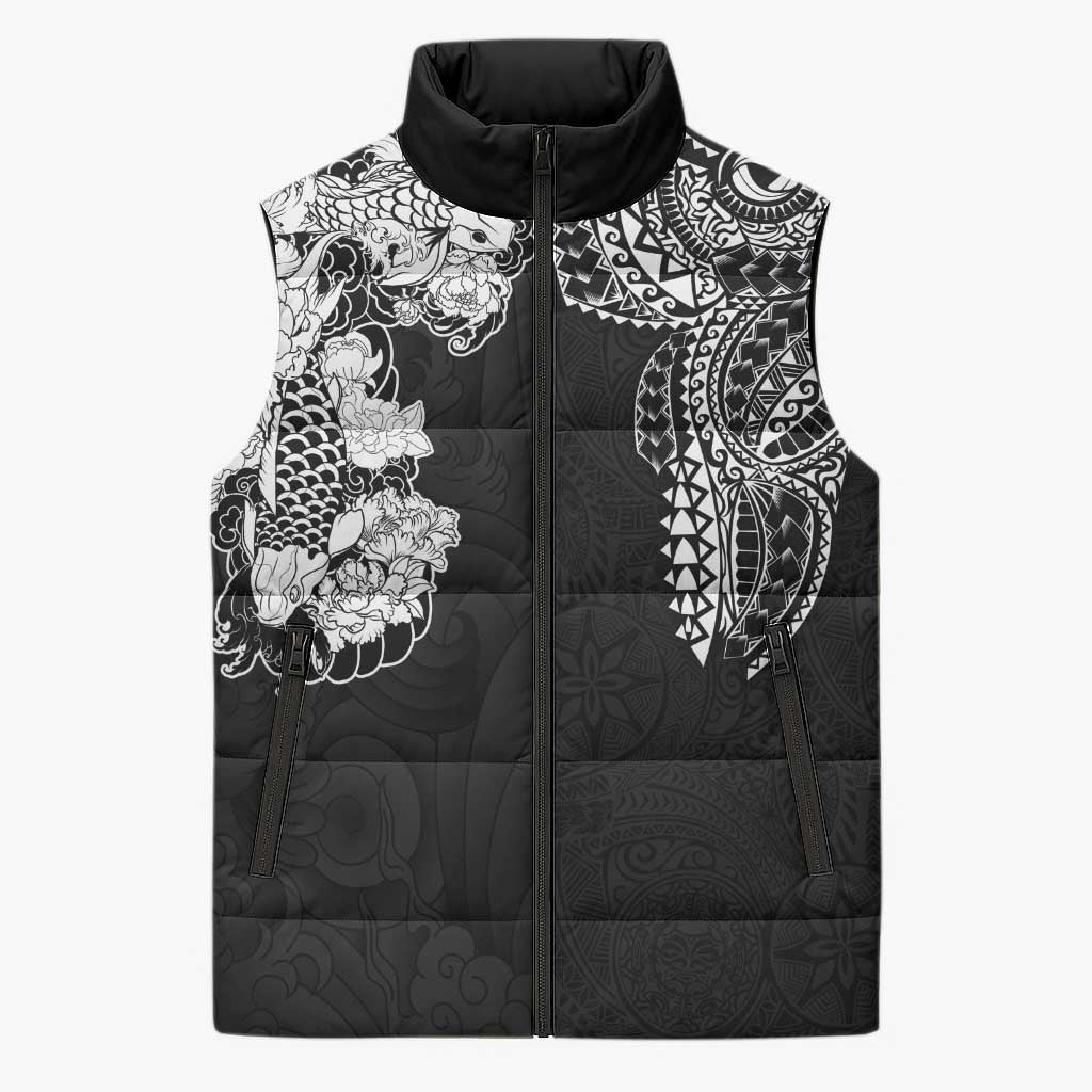 Japanese Irezumi and Hawaiian Polynesian Art Tattoo Sleeveless Puffer Jacket Black Color - Polynesian Pride