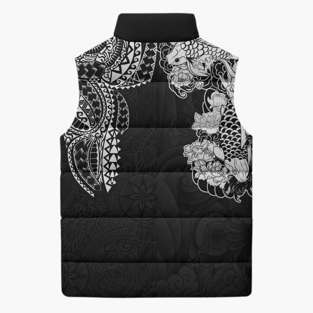 Japanese Irezumi and Hawaiian Polynesian Art Tattoo Sleeveless Puffer Jacket Black Color - Polynesian Pride