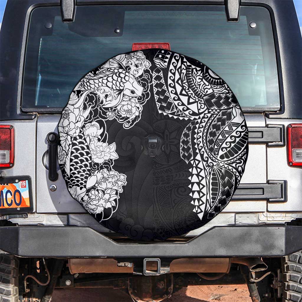 Japanese Irezumi and Hawaiian Polynesian Art Tattoo Spare Tire Cover Black Color - Polynesian Pride