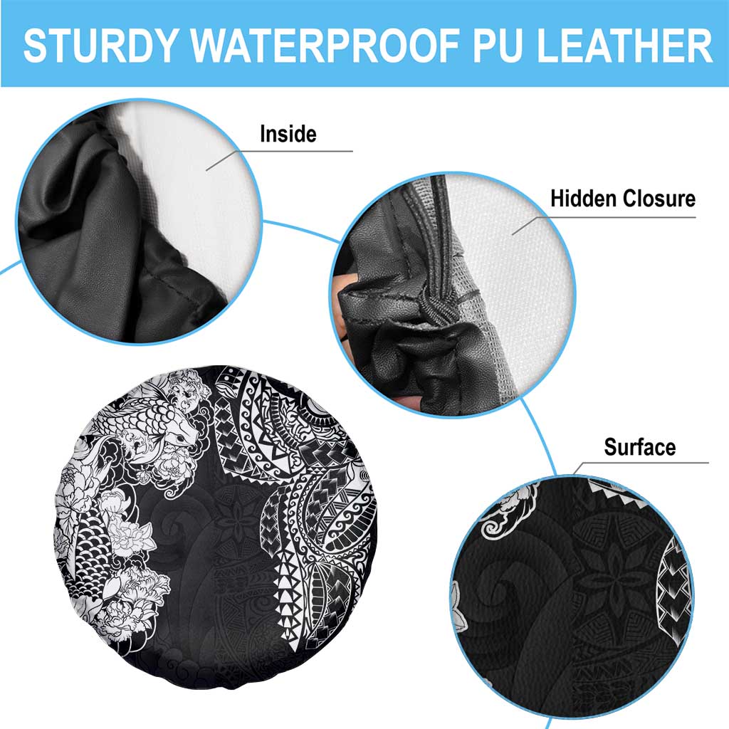 Japanese Irezumi and Hawaiian Polynesian Art Tattoo Spare Tire Cover Black Color - Polynesian Pride