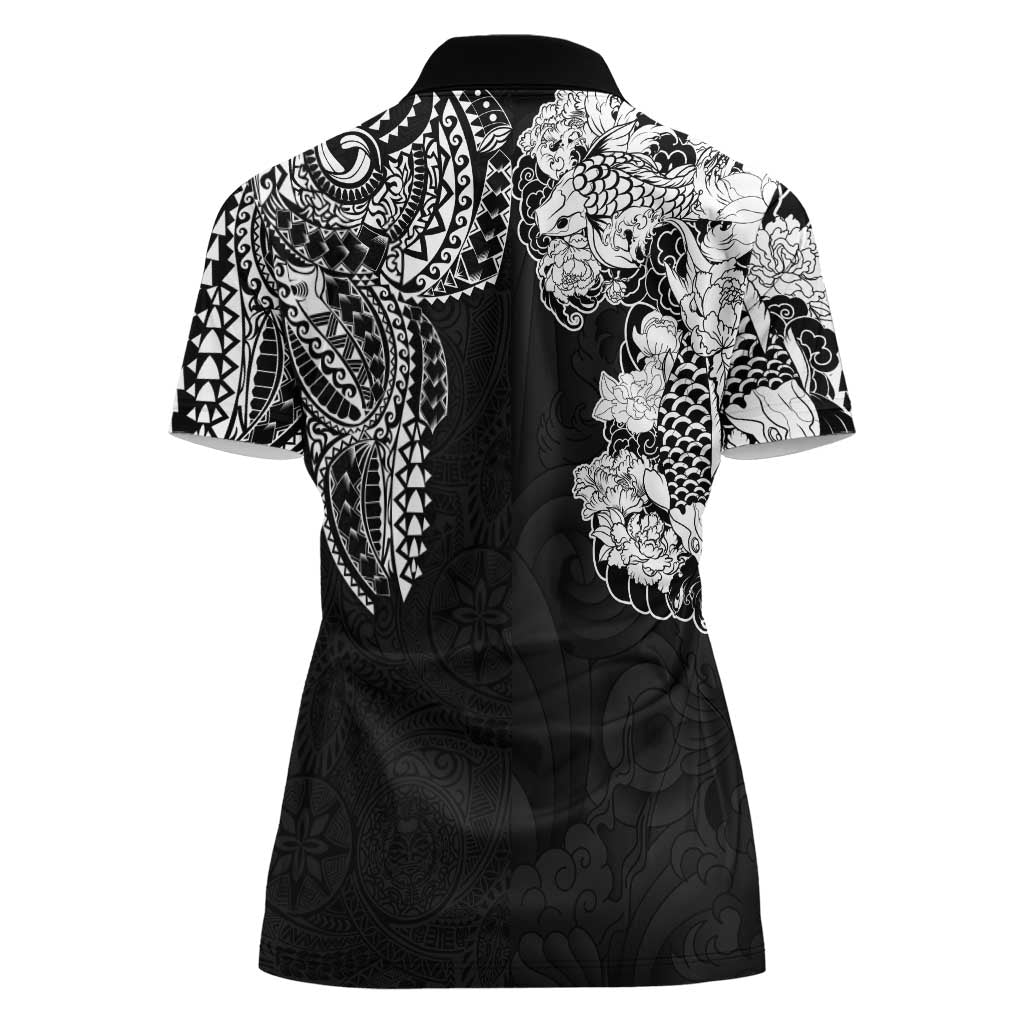 Japanese Irezumi and Hawaiian Polynesian Art Tattoo Women Polo Shirt Black Color - Polynesian Pride