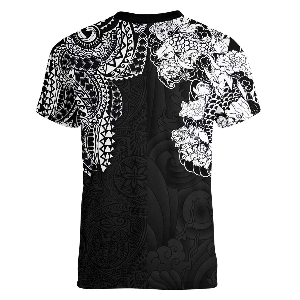 Japanese Irezumi and Hawaiian Polynesian Art Tattoo Women V-Neck T-Shirt Black Color - Polynesian Pride