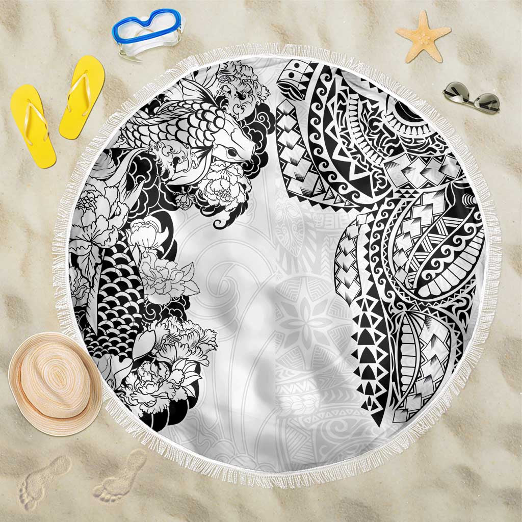 Japanese Irezumi and Hawaiian Polynesian Art Tattoo Beach Blanket White Color - Polynesian Pride
