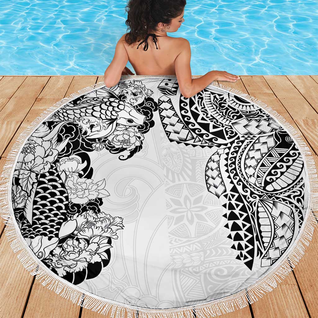 Japanese Irezumi and Hawaiian Polynesian Art Tattoo Beach Blanket White Color - Polynesian Pride