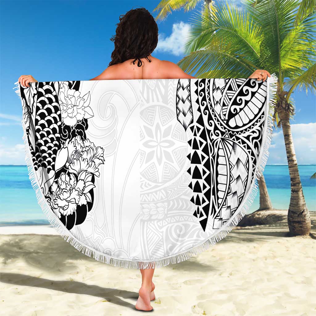 Japanese Irezumi and Hawaiian Polynesian Art Tattoo Beach Blanket White Color - Polynesian Pride