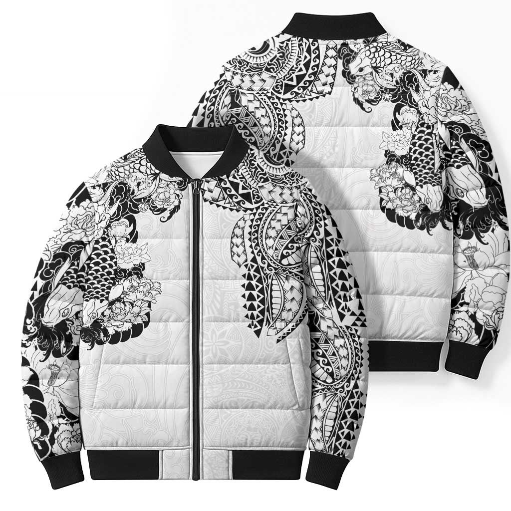 Japanese Irezumi and Hawaiian Polynesian Art Tattoo Bomber Puffer Jacket White Color - Polynesian Pride