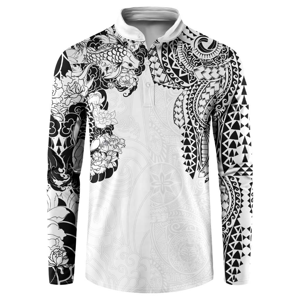 Japanese Irezumi and Hawaiian Polynesian Art Tattoo Button Sweatshirt White Color - Polynesian Pride