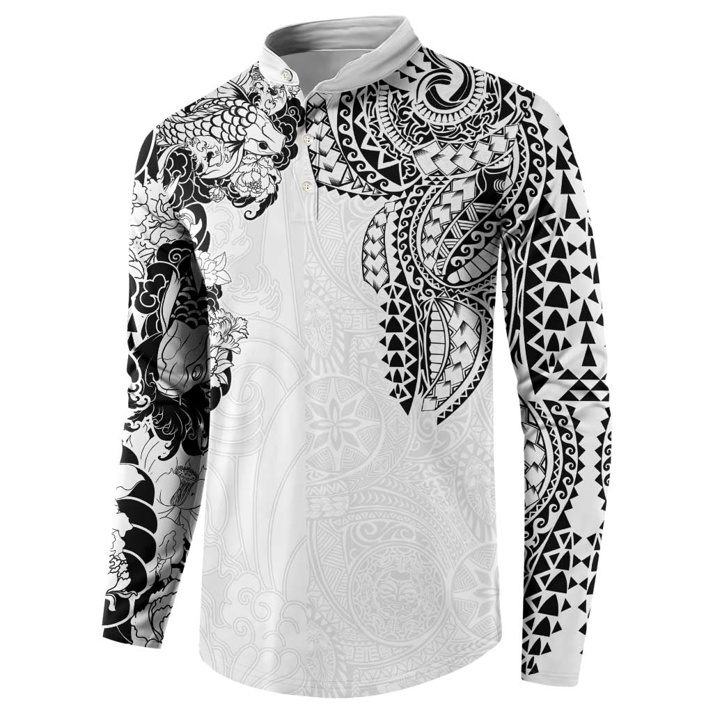 Japanese Irezumi and Hawaiian Polynesian Art Tattoo Button Sweatshirt White Color - Polynesian Pride